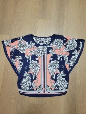 JM Collection Navy, Coral & White Floral Top with Embellished Print